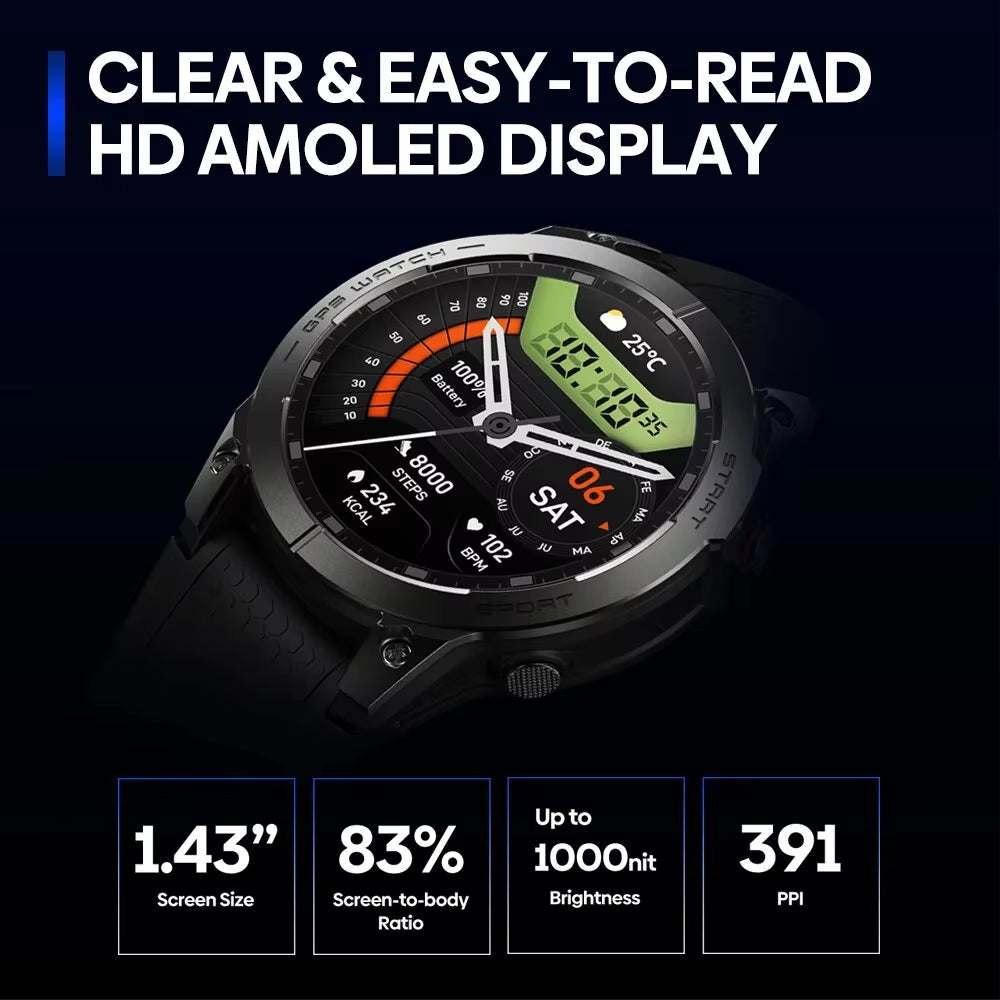 New Stratos 3 PRO GPS Smart Watch 1.43” HD AMOLED Display Built-In GPS Bluetooth Phone Calls Sports Smartwatch for Men